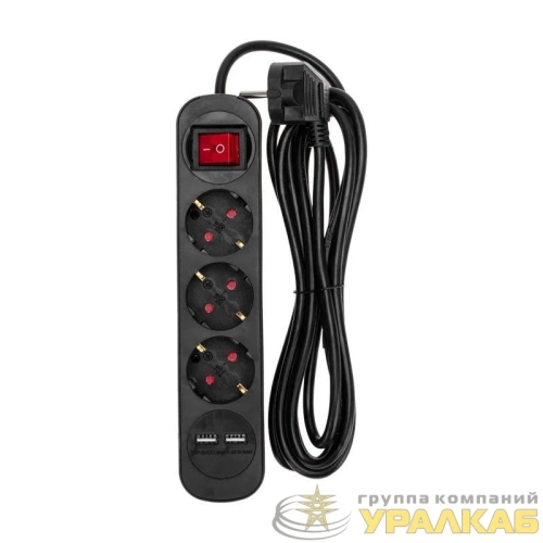 Удлинитель 3х3м с заземл. STANDARD 2хUSB 3х1кв.мм с выкл. черн. Rexant 13-4022 детальная картинка