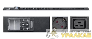 Блок розеток для 19дюйм шкафов PDU-16-10S-10C19-B-T вертик. 10 розеток Schuko 10 розеток IEC 320 C19 16А автомат защиты алюм. корпус клем. колодка Cabeus 9549c