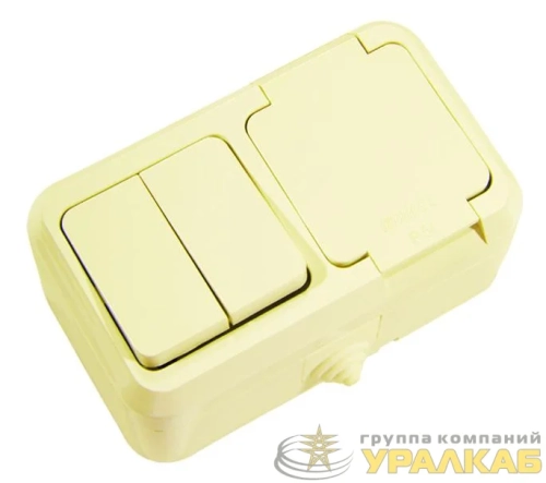 Блок выключатель 2-кл. + розетка с крышкой IP44 крем. Makel 