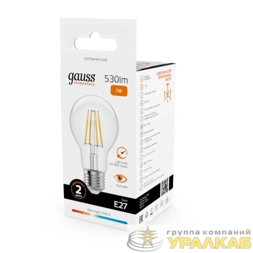 Лампа светодиодная филаментная Filament Elementary А60 7Вт 2700К Е27 530лм GAUSS 