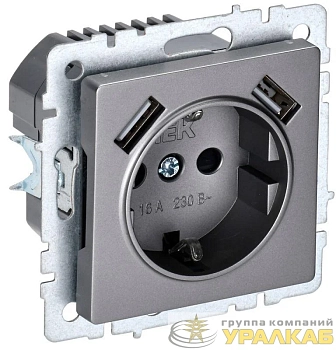Розетка BRITE РЮш10-1-БрС 16А с USB A+A 2.1А с заземл. защ. шторки механизм сталь IEK BR-R14-16-U21-D21-K46