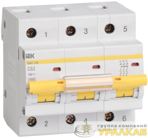 Выключатель автоматический модульный 3п C 63А 10кА ВА47-100 KARAT IEK MVA40-3-063-C
