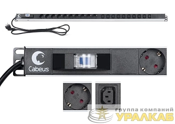 Блок розеток для 19дюйм шкафов PDU-16-10S-10C13-B вертик. 10 розеток Schuko 10 розеток IEC 320 C13 16А автомат защиты алюм. корпус шнур с вилкой Schuko 2м Cabeus 9552c