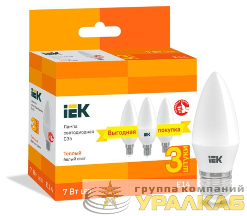 Лампа светодиодная C35 свеча 7Вт 230В 3000К E14 (уп.3шт) IEK LLE-C35-07-230-30-E14-3 детальная картинка