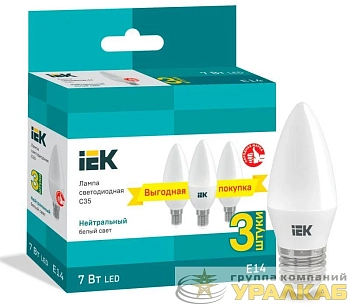 Лампа светодиодная 7Вт C35 свеча 4000К нейтр. бел. E14 230В (уп.3шт) IEK LLE-C35-07-230-40-E14-3