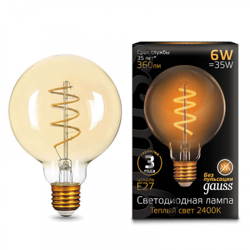 Лампа светодиодная филаментная Filament 6Вт G95 2400К тепл. бел. E27 360лм flexible golden GAUSS 105802007