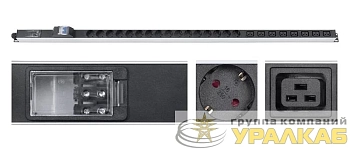 Блок розеток для 19дюйм шкафов PDU-32-16S-8C19-B-T вертик. 16 розеток Schuko 8 розеток IEC 320 C19 32А автомат защиты алюм. корпус клем. колодка Cabeus 9545c