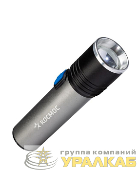 Фонарь аккумуляторный ручной LED 3Вт линза зум аккум. Li-ion 18650 1.2А.ч USB-шнур анодир. алюм. КОСМОС KOS111Lit