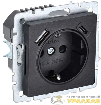 Розетка BRITE РЮш11-1-БрЧ 16А с USB A+C 18Вт с заземл. защ. шторки механизм черн. IEK 