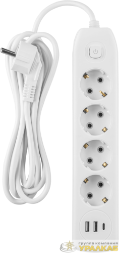 Удлинитель 4х3м с заземл. 10А IP20 90 842 OPE-USB-04-300-ESC-3x1 USB 2xType-A + Type-C с кнопкой ОНЛАЙТ 