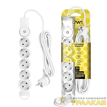 Фильтр сетевой 5х3м с/з со шторками с выкл. 2200Вт 10А бел. Duwi 