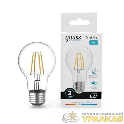 Лампа светодиодная филаментная Filament Elementary А60 7Вт 4100К Е27 560лм GAUSS 