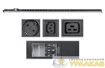 Блок розеток для 19дюйм шкафов PDU-32-10S-10C19-8C13-B-T вертик. 10 розеток Schuko 10 розеток IEC 320 C19 8 розеток IEC 320 C13 32А автомат защиты алюм. корпус клем. колодка Cabeus 9547c