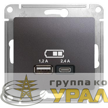 Розетка USB Glossa тип A+C 5В/2.4А 2х5В/1.2А механизм графит SE GSL001339