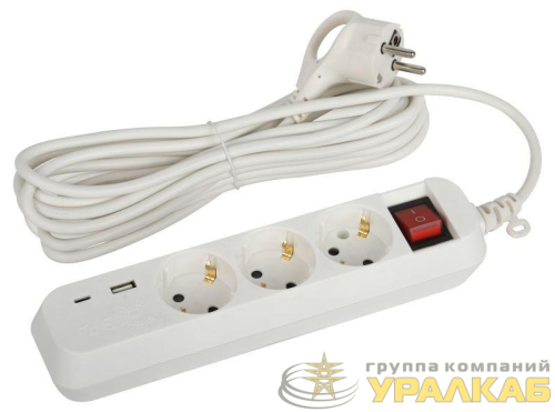 Удлинитель 3х5м с заземл. 10А 1xUSBA+1xUSBC с выкл. UB-3es-5m-USB Эра Б0052899 детальная картинка