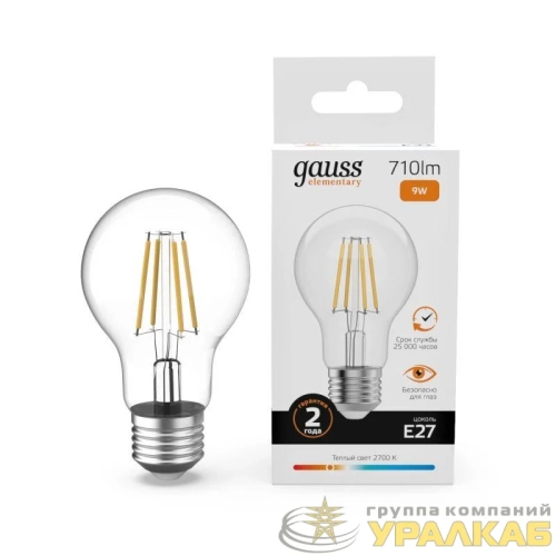 Лампа светодиодная филаментная Filament Elementary А60 9Вт 2700К Е27 710лм GAUSS 