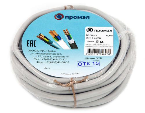 Кабель NUM-O 2х1.5 (бухта 5м) (шт) Промэл 13321280 детальная картинка