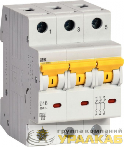 Выключатель автоматический модульный 3п D 16А 6кА ВА47-60МА без тепл. расцеп. IEK MVA33-3-016-D