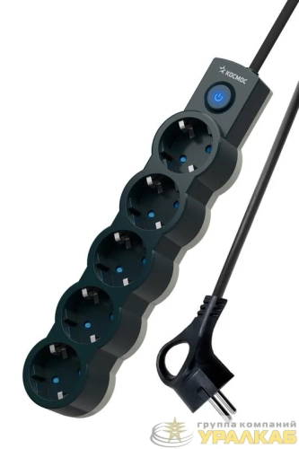 Удлинитель 5х3м с заземл. 10А IP20 2200Вт 220В защ. шторки ПВС 3х1 с выкл. черн. КОСМОС 