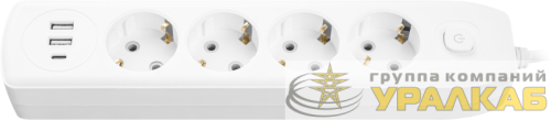 Удлинитель 4х3м с заземл. 10А IP20 90 842 OPE-USB-04-300-ESC-3x1 USB 2xType-A + Type-C с кнопкой ОНЛАЙТ 