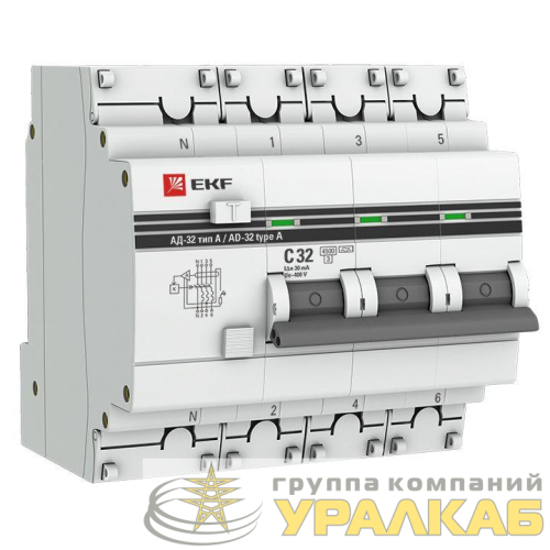 Выключатель автоматический дифференциального тока 4п (3P+N) 32А 30мА тип A АД-32 PROxima EKF DA32-32-30-4P-a-pro