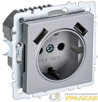 Розетка BRITE РЮш10-1-БрА 16А с USB A+A 2.1А с заземл. защ. шторки механизм алюм. IEK BR-R14-16-U21-D21-K47