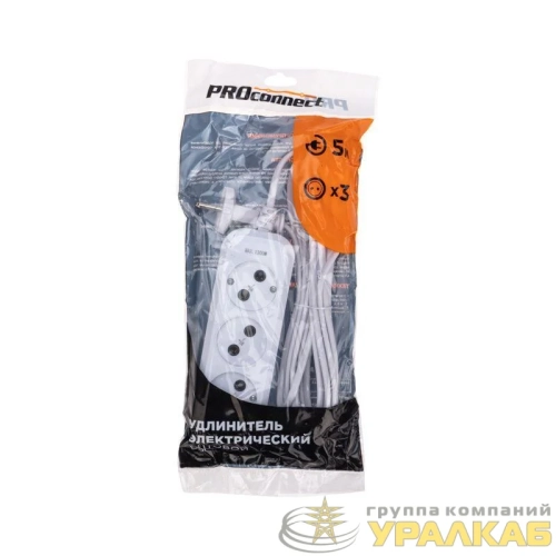 Удлинитель 3 гнезда 5м 2х0.75кв.мм б/з бел. PROCONNECT 13-4207 детальная картинка
