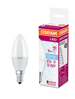 Лампа светодиодная LED STAR CLASSIC B 40 5W/840 5Вт свеча 4000К нейтр. бел. E14 470лм 220-240В матов. пласт. OSRAM 4058075056886