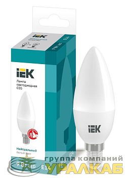 Лампа светодиодная Eco 9Вт C35 свеча 4000К нейтр. бел. E14 230В IEK LLE-C35-9-230-40-E14