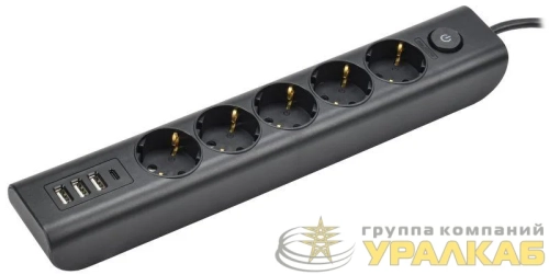 Удлинитель 5х2м с заземл. 16А 250В MODERN У05В с выкл. USBх4 (type-Aх3шт + type-Cх1шт) ПВС 3х1 черн. IEK WYP12-16-05-02-ZKU-K02 детальная картинка