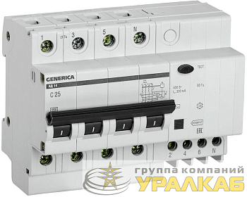 Выключатель автоматический дифференциального тока 4п 25А 300мА АД14 GENERICA MAD15-4-025-C-300