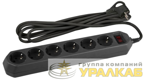 Удлинитель с сетевым фильтром 6х5м с заземл. 10А IP20 USF-6es-5m-B с выкл. с базов. защитой черн. Эра Б0037265 детальная картинка