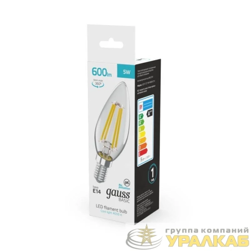 Лампа светодиодная филаментная Basic Filament 5Вт Свеча 4000К E14 600лм GAUSS 