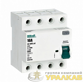 Выключатель дифференциального тока (УЗО) 4п 16А 30мА тип AC 6кА УЗО-03 DEKraft 14232DEK