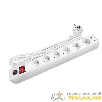 Удлинитель с сетевым фильтром 6х5м с заземл. 10А IP20 2.2кВт USB type-A + type-C ПВС 3х0.75 с выкл. бел. UNIVersal 2545