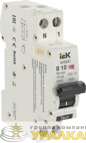 Выключатель автоматический дифференциального тока 2п (1P+N) B 10А 30мА тип A АВДТ B06S 18мм ARMAT IEK AR-B06S-1N-B10A030