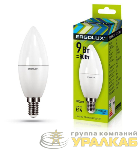 Лампа светодиодная LED-C35-9W-E14-4К 9Вт свеча 4000К нейтр. бел. E14 172-265В Ergolux 13168 детальная картинка