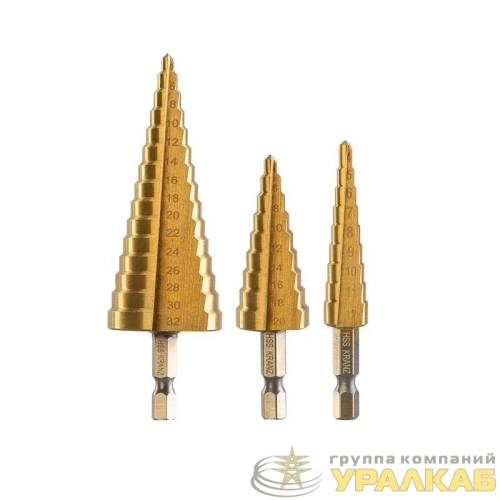 Набор ступенчатых сверл 4-12.4-20.4-32мм HSS-TiN ТИТАН (уп.3шт) Kranz 