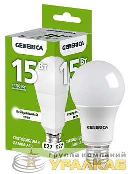 Лампа светодиодная A60 15Вт грушевидная 4000К E27 230В GENERICA LL-A60-15-230-40-E27-G
