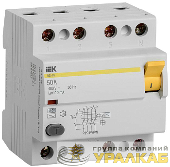 Выключатель дифференциального тока (УЗО) 4п 50А 100мА тип AC ВД1-63 IEK MDV10-4-050-100