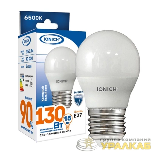 Лампа светодиодная G45 15Вт шар 6500К E27 1350лм 230В IONICH 1636 детальная картинка