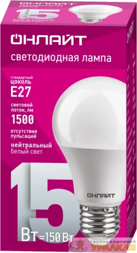 Лампа светодиодная 61 150 OLL-A60-15-230-4K-E27 15Вт грушевидная 4000К нейтр. бел. E27 1500лм 176-264В ОНЛАЙТ 