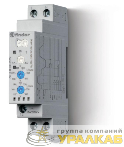 Реле контрольное для 1-фазных сетей пониженное/повышенное напряжение настраиваемые диапазоны выход 1CO 10А модул. шир. 17.5мм FINDER 701182302022