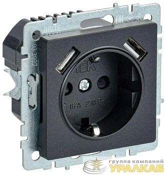 Розетка BRITE РЮш10-1-БрЧ 16А с USB A+A 2.1А с заземл. защ. шторки механизм черн. IEK BR-R14-16-U21-D21-K02
