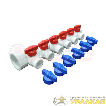 Коллектор универсальный с отсечными кранами 40х20 на 6 выходов (6/1) бел. VALFEX 