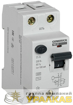 Выключатель дифференциального тока (УЗО) 2п 25А 100мА тип AC ВД1-63 GENERICA MDV15-2-025-100