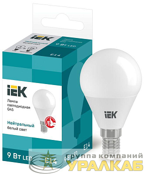 Лампа светодиодная Eco G45 9Вт шар 4000К нейтр. бел. E14 230В IEK LLE-G45-9-230-40-E14