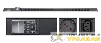 Блок розеток для 19дюйм шкафов PDU-16-10S-10C13-B-T вертик. 10 розеток Schuko 10 розеток IEC 320 C13 16А автомат защиты алюм. корпус клем. колодка 9550c