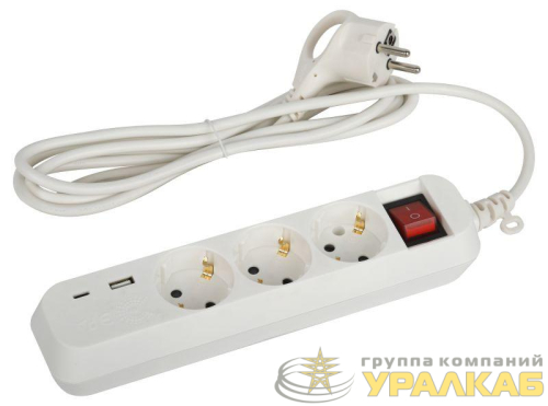 Удлинитель 3х1.5м с заземл. 10А +1xUSBA+1xUSBC с выкл. UB-3es-1.5m-USB Эра Б0052897 детальная картинка