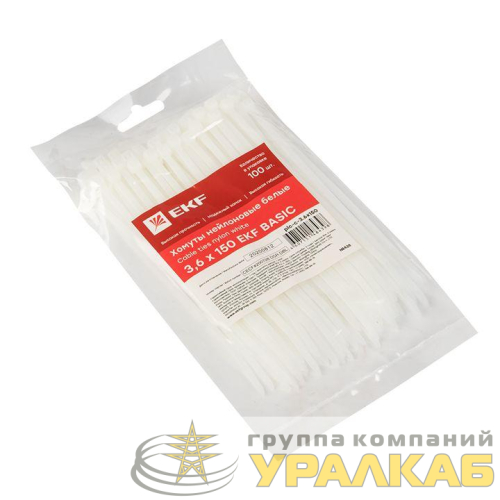 Хомут кабельный 3.6х150 нейл. бел. (уп.100шт) EKF plc-c-3.6x150 детальная картинка